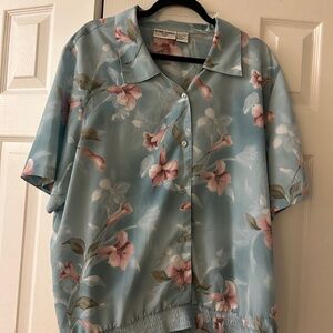 Vintage Alfred Dunner Blouse 20W Womens Short Sleeve Blue Pink Floral Plus Top